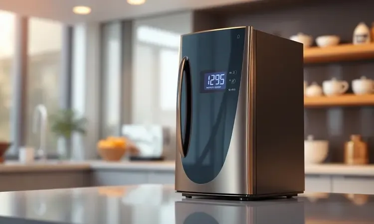 Detalhe conceitual do design moderno e acabamento metálico de uma fritadeira elétrica em renderização 3D.