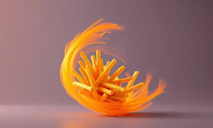 Ilustração 3D conceitual de ar quente circulando batatas palito, representando a fritura saudável por convecção.