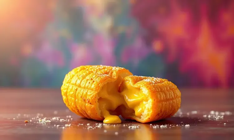 Bolinho de milho dourado cortado ao meio revelando recheio de queijo derretido em uma representação 3D estilizada.