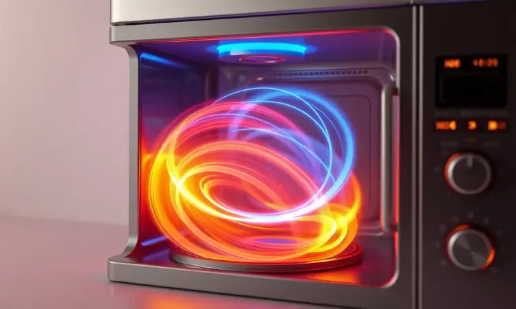 Ilustração 3D conceitual mostrando a circulação de ar quente dentro de uma fritadeira sem óleo com luzes vibrantes.