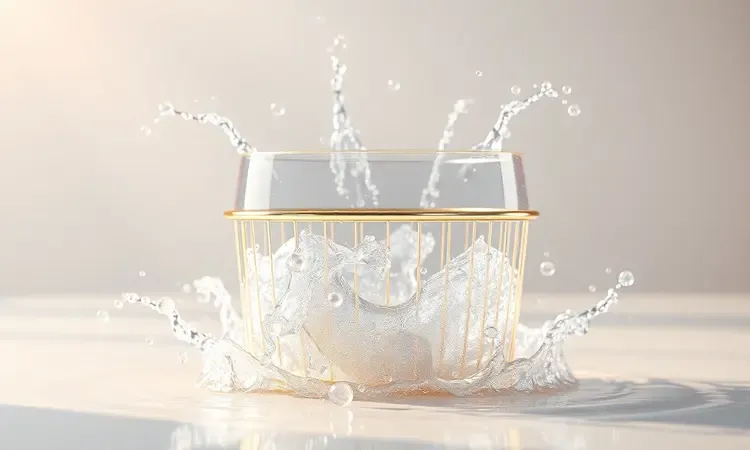 Cesto de fritadeira elétrica brilhando de limpo cercado por bolhas e elementos de água em um ambiente iluminado.
