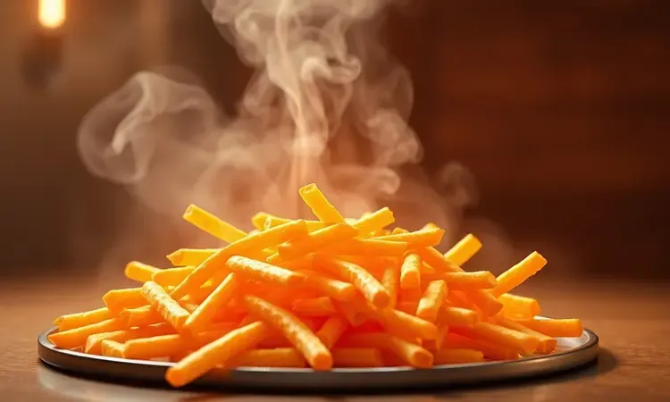 Ondas de calor revitalizando batatas fritas douradas para recuperar a textura crocante.