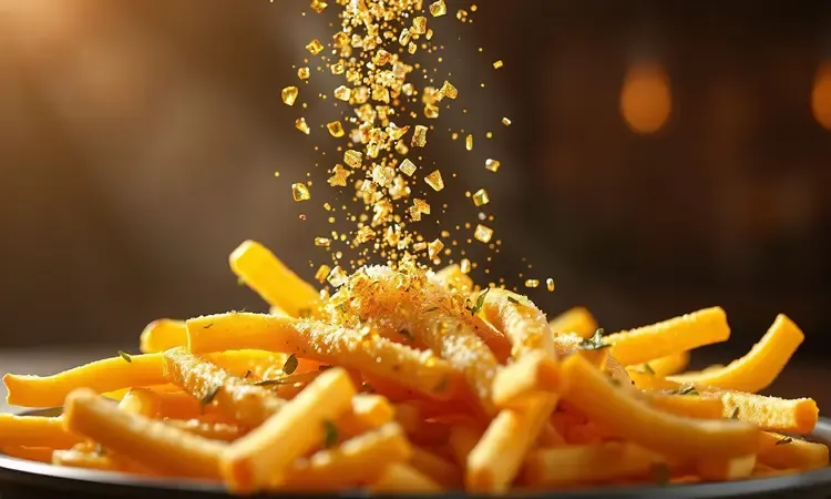 Renderização 3D artística de temperos e ervas caindo sobre batatas fritas crocantes e douradas com iluminação suave.