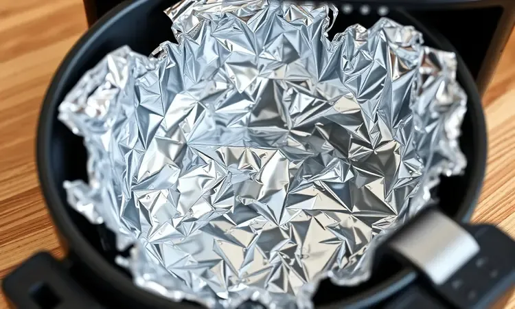 Ilustração 3D mostrando como forrar o cesto da airfryer com papel alumínio de forma segura e correta.