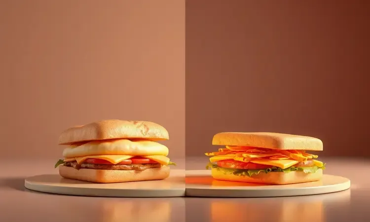 Ilustração conceitual 3D comparando a textura de um lanche de micro-ondas e um lanche crocante de airfryer.
