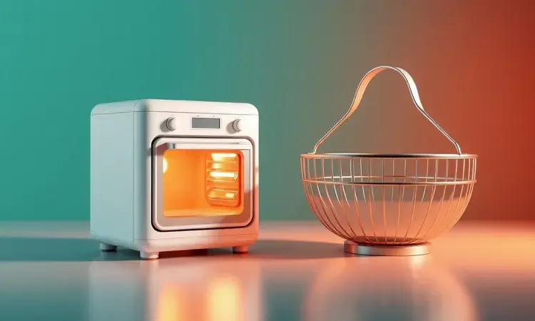Comparativo 3D conceitual entre modelos de air fryer tipo forno e tipo cesto redondo.