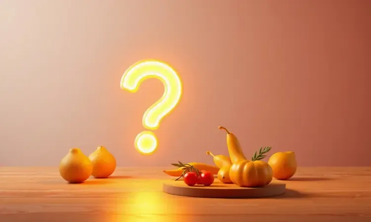 Imagem conceitual 3D com ponto de interrogação iluminado sobre mesa de madeira para curiosidades sobre air fryer.