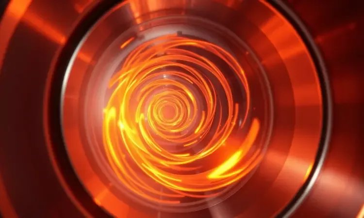 Ilustração 3D conceitual do fluxo de ar quente e desempenho de cozimento em uma airfryer.