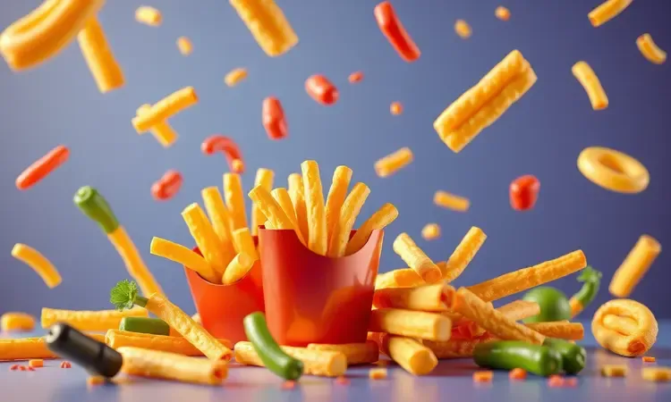 Alimentos dourados e com textura crocante flutuando em uma composição artística vibrante e colorida.