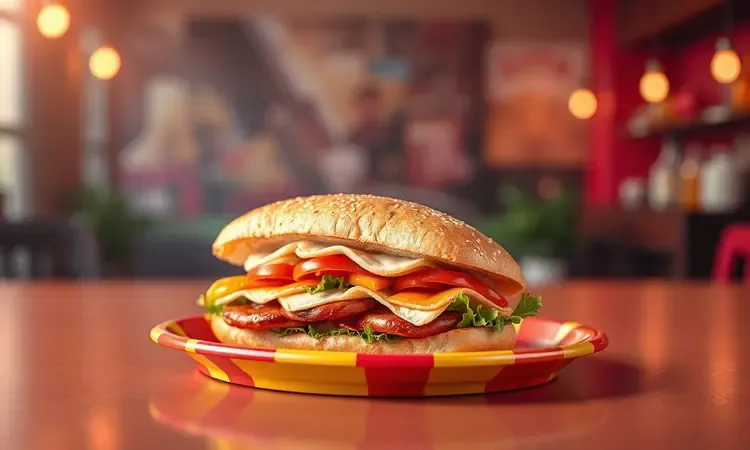 Cena 3D de um lanche estilizado servido em uma bandeja colorida com iluminação de lanchonete moderna.