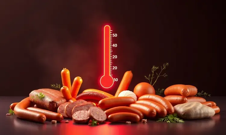 Visualização abstrata de diversos tipos de linguiças com elementos de temperatura e cores quentes.