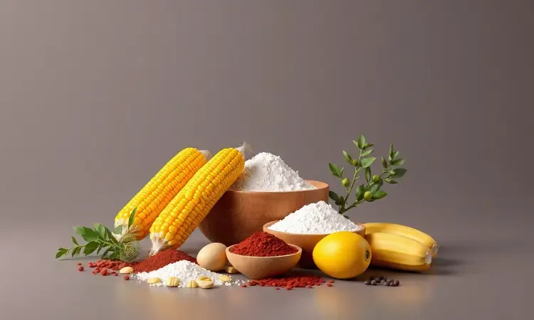 Ingredientes frescos como milho, farinha e temperos organizados de forma artística em um estilo 3D moderno e vibrante.