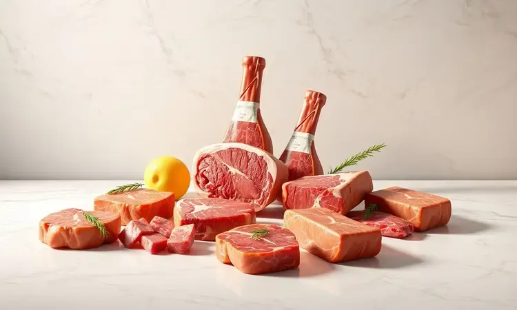 Cortes de carne bovina selecionados e preparados para churrasco em uma superfície moderna e bem iluminada.