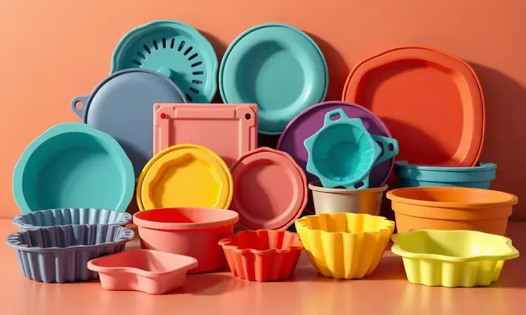Representação em 3D de diversas formas de silicone e alumínio coloridas ideais para usar em fritadeiras elétricas.