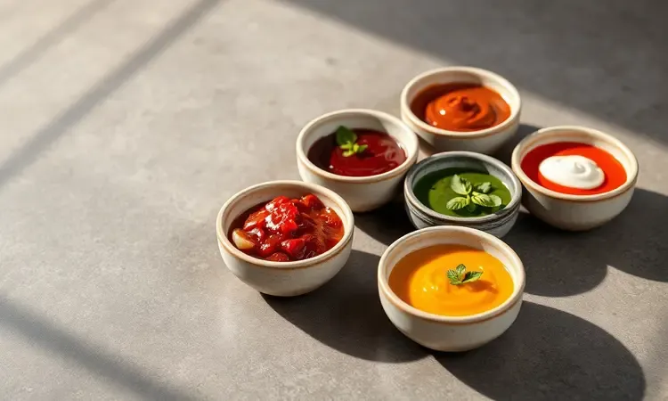Pequenas tigelas de cerâmica com molhos coloridos e cremosos para acompanhar petiscos em uma cena 3D conceitual.