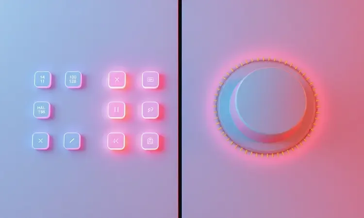 Comparação visual entre painéis de controle digital e analógico em estilo 3D conceitual colorido com luzes vibrantes.