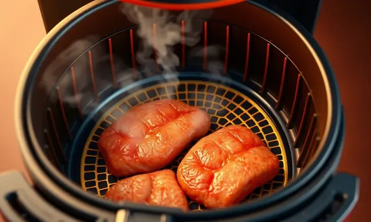 Representação estilizada de uma cesta de fritadeira elétrica com carne grelhada e vapor suave.