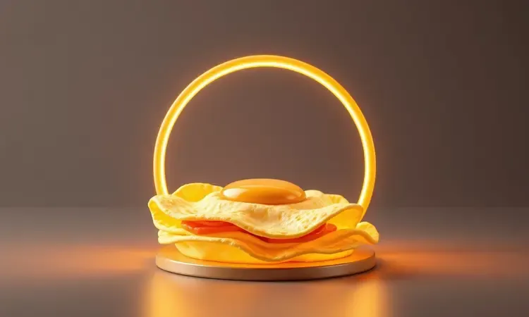 Ilustração conceitual de uma omelete dourada ganhando volume e altura, destacando a textura fofinha.