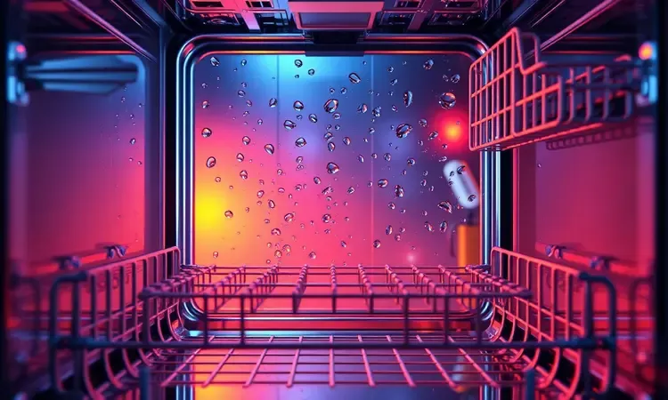Visão conceitual do interior de uma máquina de lavar louças com iluminação vibrante e moderna.