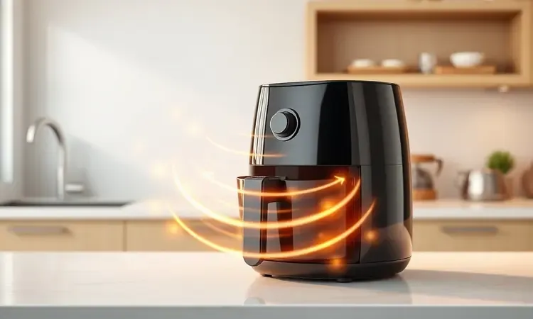 Representação visual 3D de uma air fryer em uma bancada de cozinha com luz suave destacando a ventilação e o espaço ao redor.