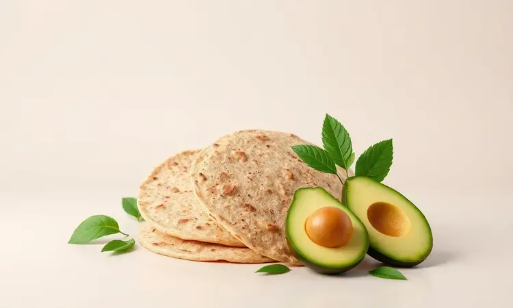 Visualização conceitual 3D de tortilhas integrais acompanhadas de folhas verdes e ingredientes saudáveis.