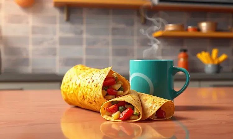 Renderização 3D conceitual de um lanche rápido com wrap de tortilha dourado e café, simbolizando praticidade na rotina.