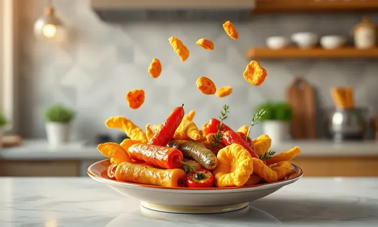 Prato vibrante com alimentos crocantes e saudáveis artisticamente dispostos, representação 3D de receitas de air fryer.