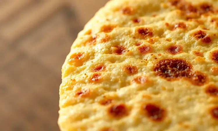 Close-up em 3D da textura crocante e dourada da borda de uma tortilha preparada na air fryer.