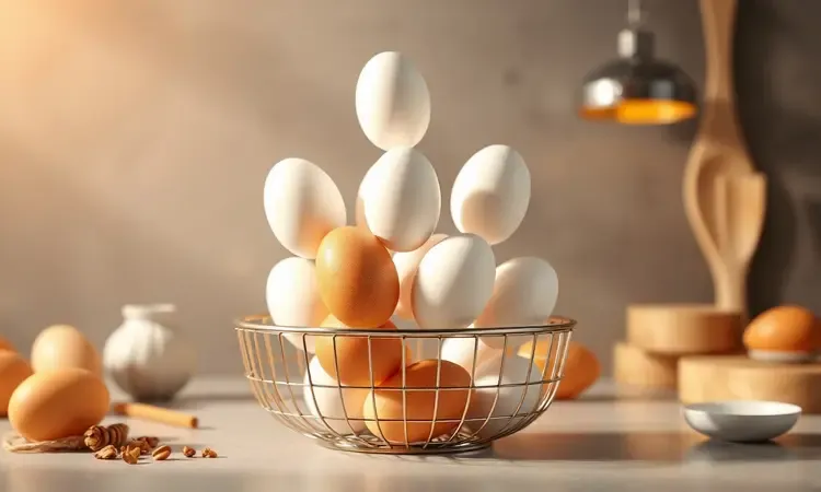 Ovos flutuando de forma artística sobre o cesto de uma air fryer em uma renderização 3D conceitual.