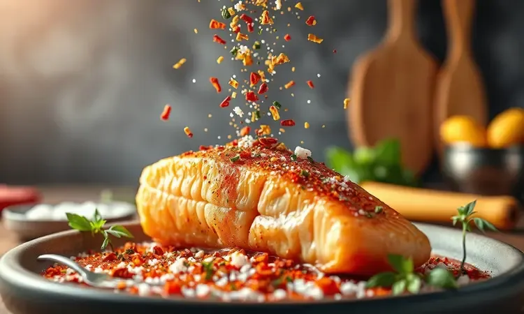 Close-up conceitual de temperos coloridos e ervas frescas sendo salpicados sobre um filé de peixe em uma superfície limpa.