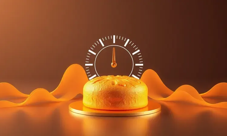 Visualização conceitual de ondas de calor douradas e um cronômetro estilizado sobre um bolo perfeitamente assado.