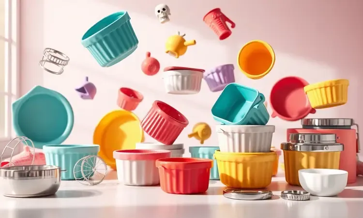Composição de ramequins coloridos e moldes de silicone flutuando em um ambiente de cozinha moderno 3D.